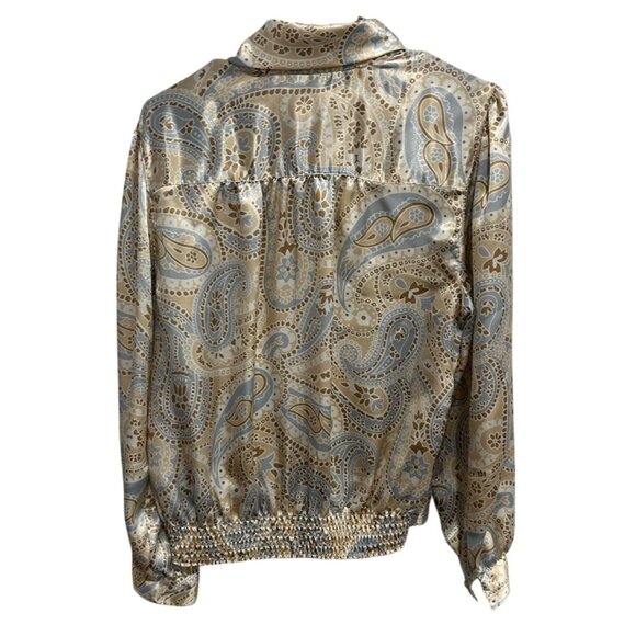 ShipN Shore Paisley Satin Blouse Sz M Long Sleeve Cowl Neck Beige Blue Print - Picture 2 of 8